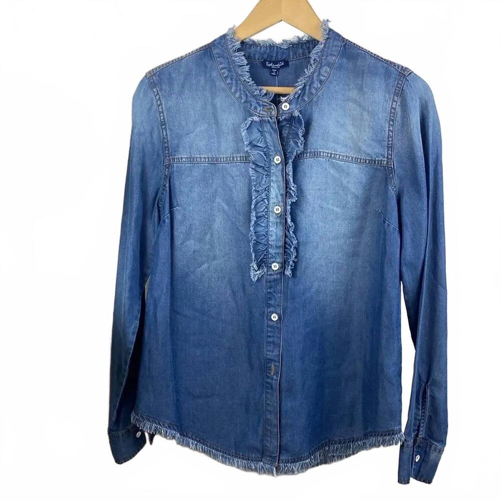 NEW SPLENDID women's chambray button up long sleeve top in blue